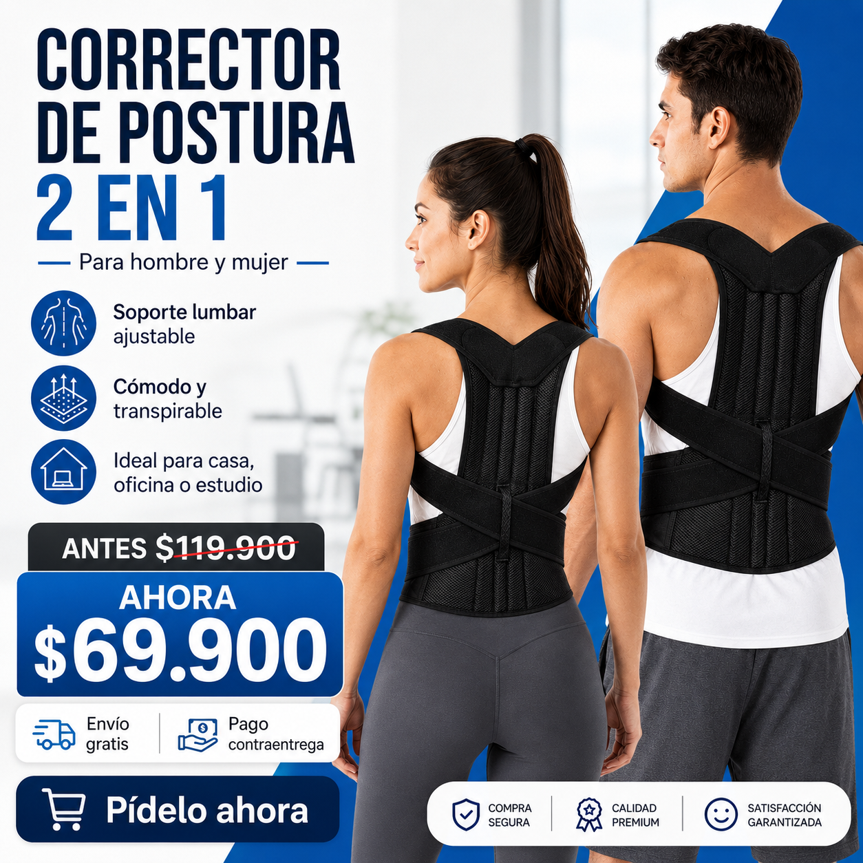 Corrector de Postura 2 en 1 con Soporte Lumbar Ajustable