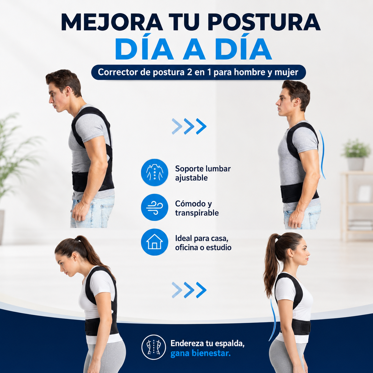 Corrector de Postura 2 en 1 con Soporte Lumbar Ajustable