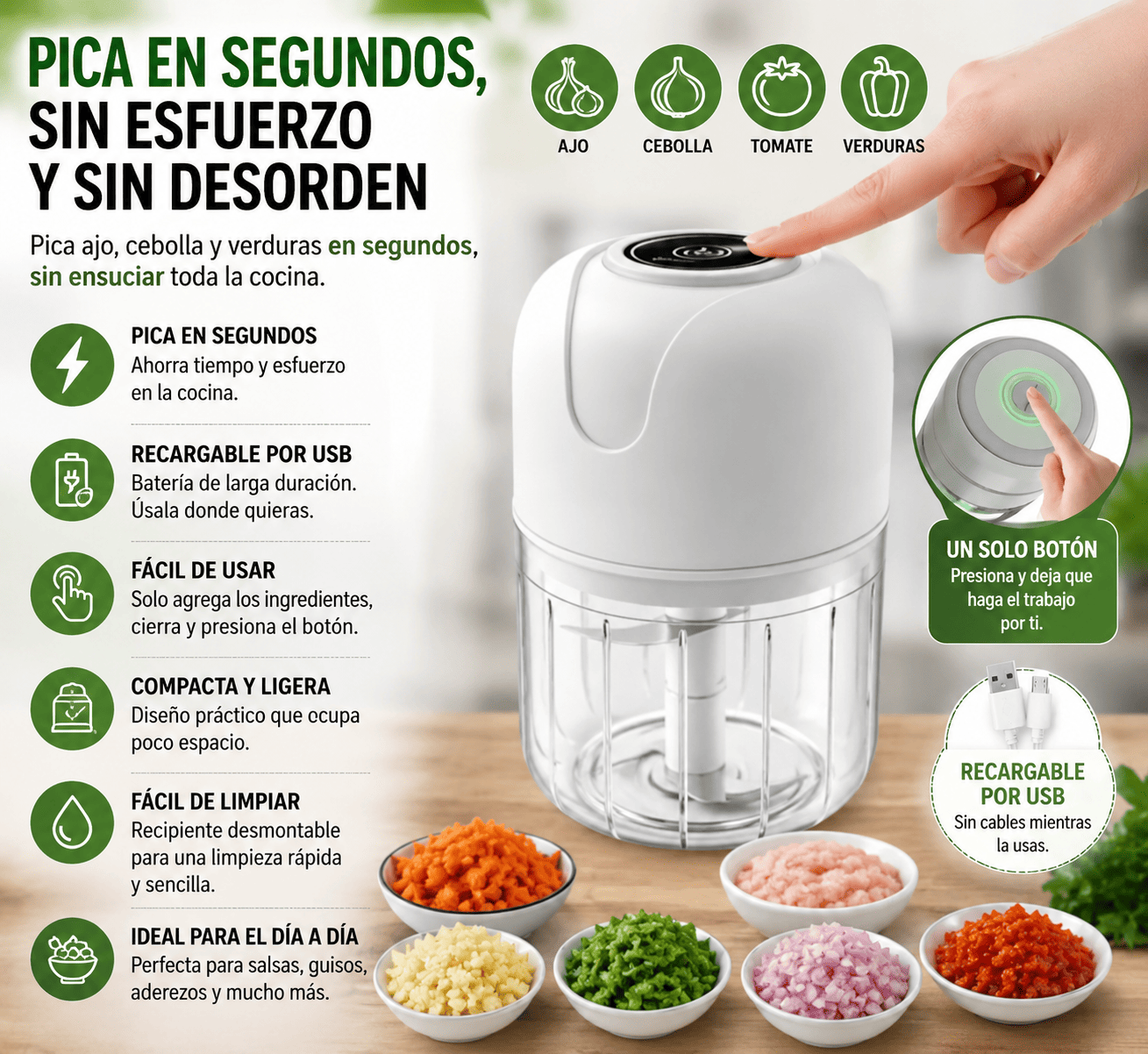 Mini Picadora Eléctrica Recargable para Cocina