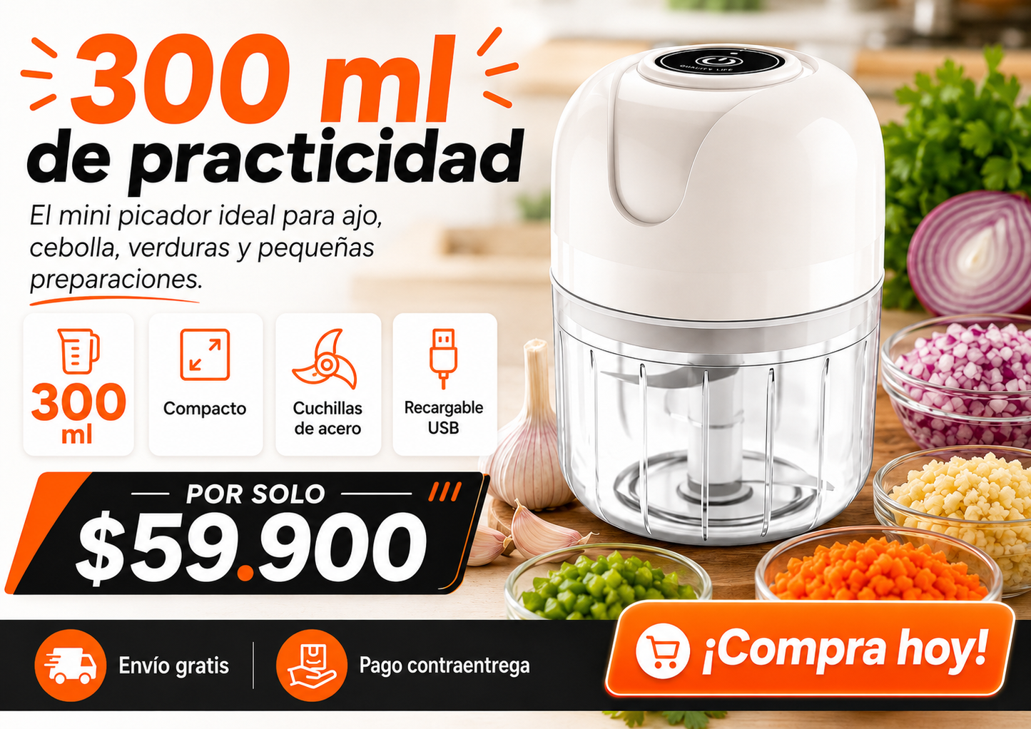 Mini Picadora Eléctrica 300 ML para Cocina